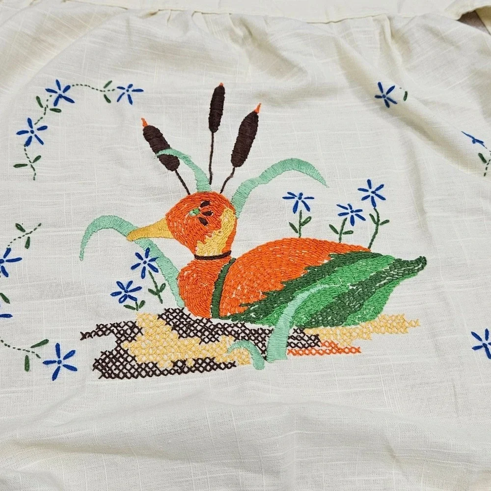 Vintage 80s Duck Embroidered Half Apron‎ Cottagecore Floral Kitchen Tie  Cabin